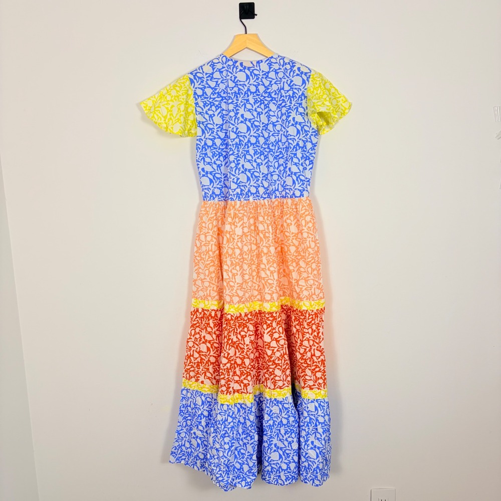 Oliphant 3042V V Neck Puff Sleeve Maxi Dress Canary Colorblock Floral Tiered S - Picture 9 of 9